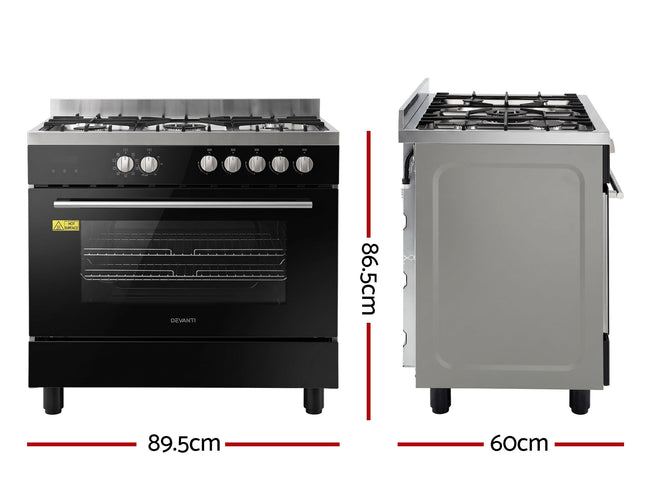 Devanti 90cm Dual Fuel Cooker Gas Cooktop Electric Oven 5 Burner