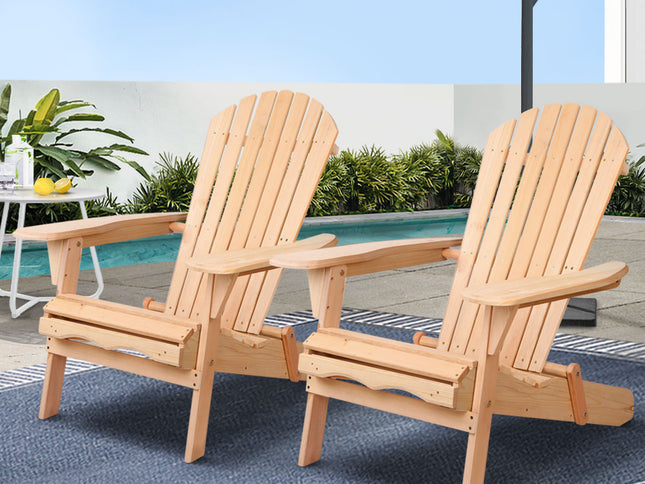 Gardeon Adirondack Outdoor Chairs Wooden Beach Chair Patio Furniture Garden Natural Set of 2