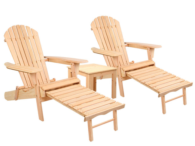 Gardeon 3PC Adirondack Outdoor Table and Chairs? Wooden Sun Lounge Beach Patio Natural