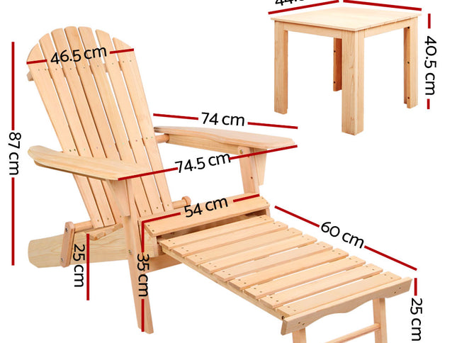 Gardeon 3PC Adirondack Outdoor Table and Chairs? Wooden Sun Lounge Beach Patio Natural