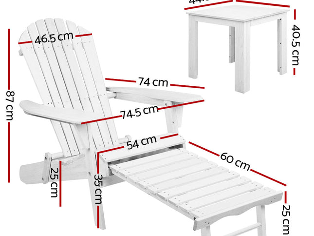 Gardeon 3PC Adirondack Outdoor Table and Chairs Wooden Sun Lounge Beach Patio White