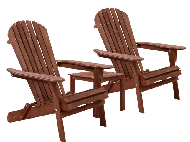 Gardeon 3PC Adirondack Outdoor Table and Chairs Wooden Foldable Beach Chair Brown