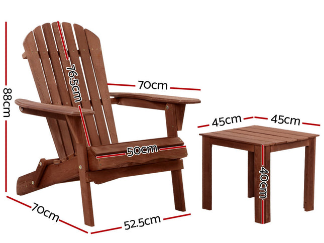 Gardeon 3PC Adirondack Outdoor Table and Chairs Wooden Foldable Beach Chair Brown