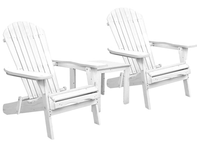 Gardeon 3PC Adirondack Outdoor Table and Chairs Wooden Foldable Beach Chair White