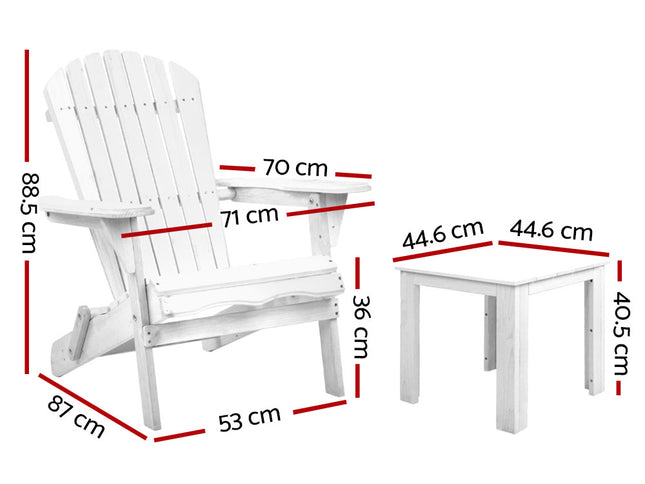 Gardeon 3PC Adirondack Outdoor Table and Chairs Wooden Foldable Beach Chair White