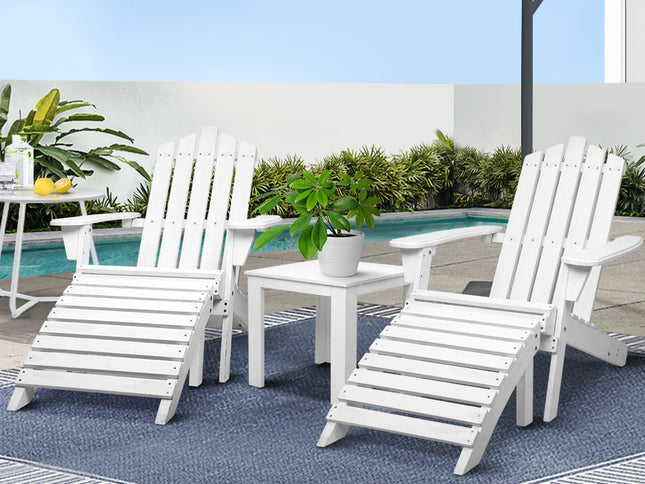 Gardeon 5PC Adirondack Outdoor Table and Chairs Wooden Sun Lounge Patio Furniture White