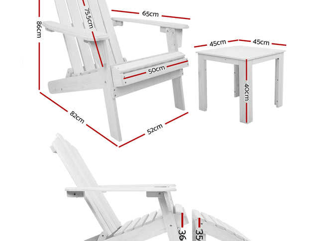 Gardeon 5PC Adirondack Outdoor Table and Chairs Wooden Sun Lounge Patio Furniture White