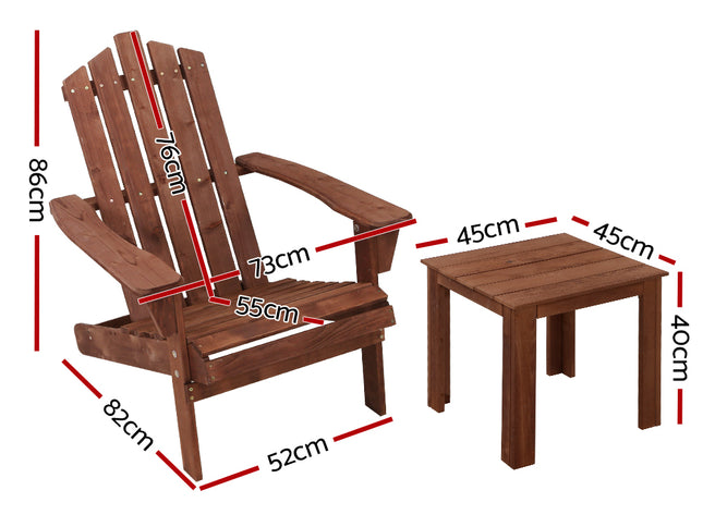 Gardeon 3PC Adirondack Outdoor Table and Chairs Wooden Beach Chair Brown