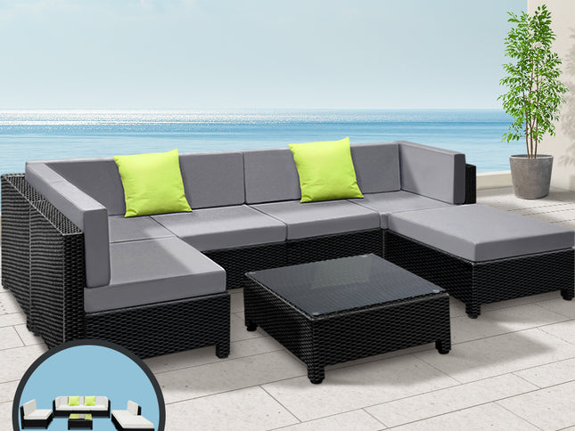 Gardeon 7-Piece Outdoor Sofa Set Wicker Couch Lounge Setting Seat Cover