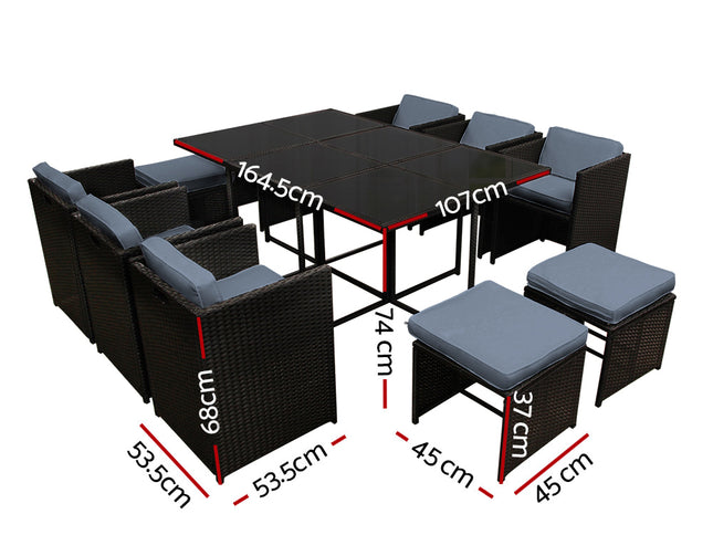 Gardeon Outdoor Dining Set 11 Piece Wicker Table Chairs Setting Black