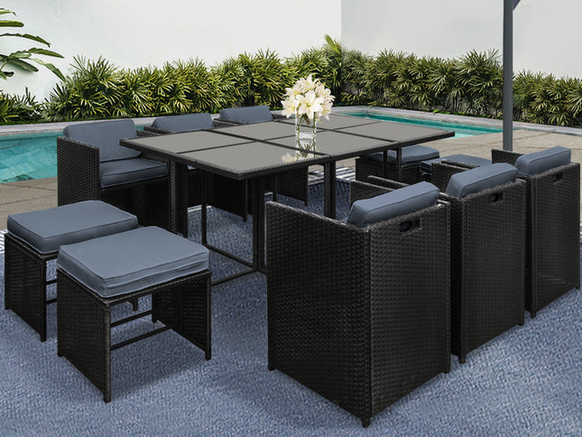Gardeon Outdoor Dining Set 11 Piece Wicker Table Chairs Setting Black