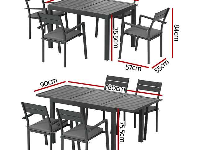 Gardeon Outdoor Dining Set 5 Piece Aluminum Extendable Table Setting Black