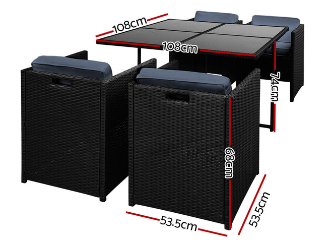 Gardeon Outdoor Dining Set 5 Piece Wicker Table Chairs Setting Black