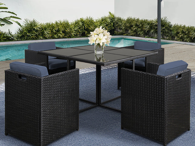 Gardeon Outdoor Dining Set 5 Piece Wicker Table Chairs Setting Black