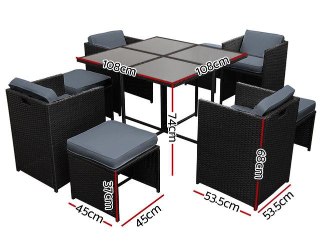 Gardeon Outdoor Dining Set 9 Piece Wicker Table Chairs Setting Black