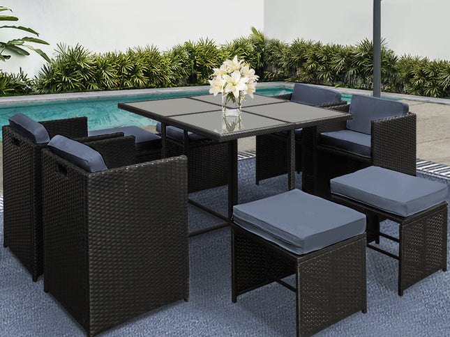 Gardeon Outdoor Dining Set 9 Piece Wicker Table Chairs Setting Black