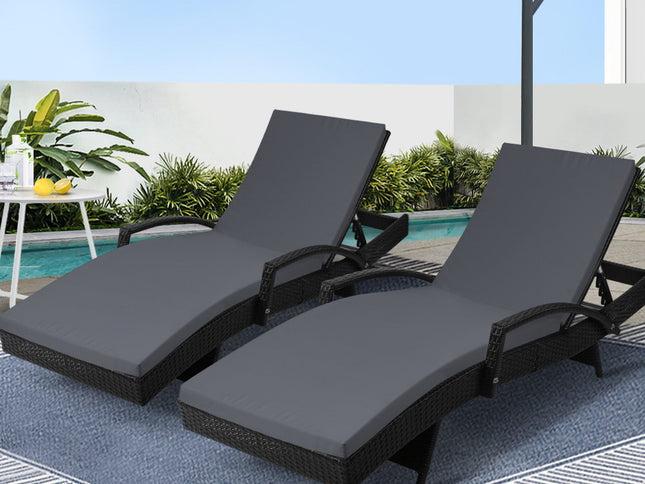 Gardeon 2PC Sun Lounge Wicker Lounger Outdoor Furniture Beach Chair Patio Adjustable Cushion Black