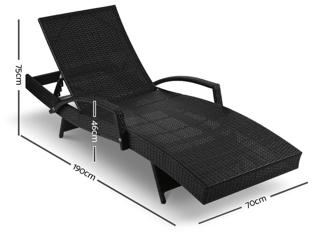 Gardeon 2PC Sun Lounge Wicker Lounger Outdoor Furniture Beach Chair Patio Adjustable Cushion Black