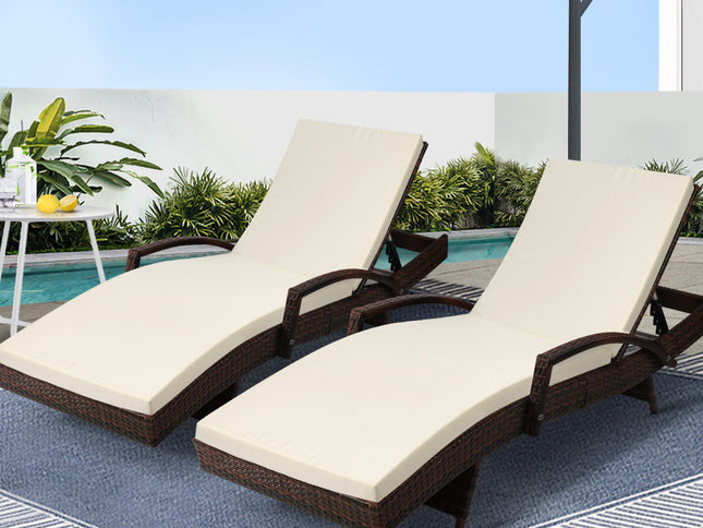 Gardeon 2PC Sun Lounge Wicker Lounger Outdoor Furniture Beach Chair Patio Adjustable Cushion Brown