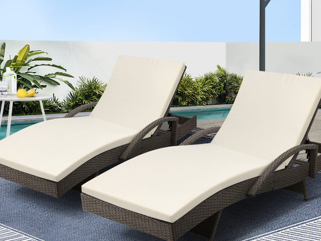 Gardeon 2PC Sun Lounge Wicker Lounger Outdoor Furniture Beach Chair Adjustable Cushion Grey&Beige