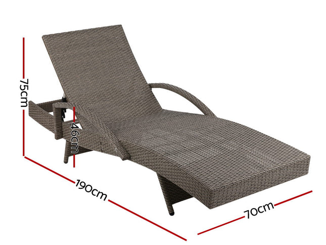 Gardeon 2PC Sun Lounge Wicker Lounger Outdoor Furniture Beach Chair Adjustable Cushion Grey&Beige