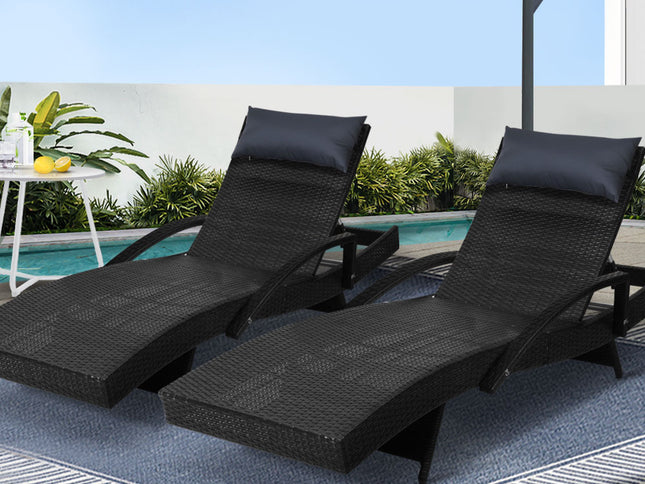 Gardeon 2x Sun Lounge Wicker Lounger Outdoor Furniture Beach Chair Armrest Adjustable Black