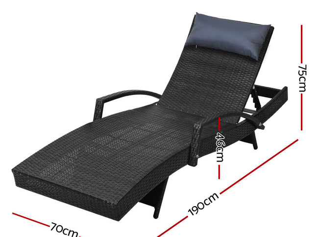 Gardeon 2x Sun Lounge Wicker Lounger Outdoor Furniture Beach Chair Armrest Adjustable Black