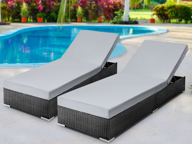 Gardeon 2PC Sun Lounge Wicker Lounger Outdoor Furniture Day Bed Adjustable Rattan Garden