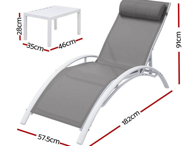 Gardeon 3PC Sun Lounge Outdoor Lounger Table Chairs Steel Patio Furniture Garden