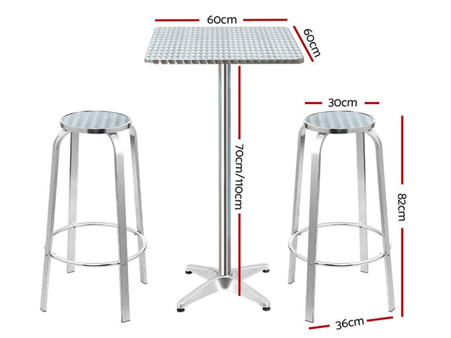 Gardeon 3-Piece Outdoor Bar Set Bistro Table Stools Adjustable Square Cafe