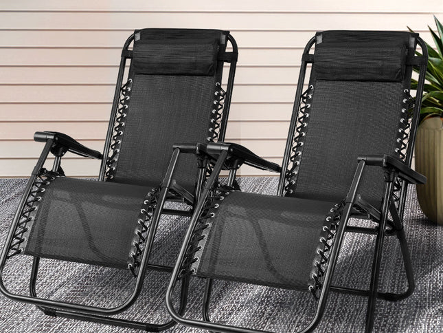 Gardeon 2PC Zero Gravity Chair Folding Outdoor Recliner Adjustable Sun Lounge Camping Black
