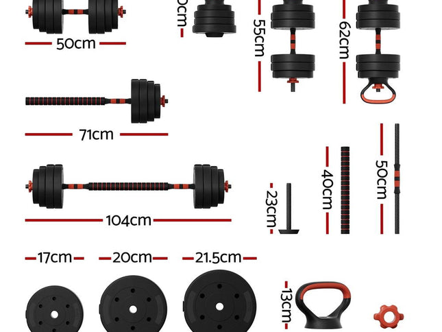 Everfit 40kg Adjustable Dumbbells Set Kettle Bell Weight Plates Barbells Gym