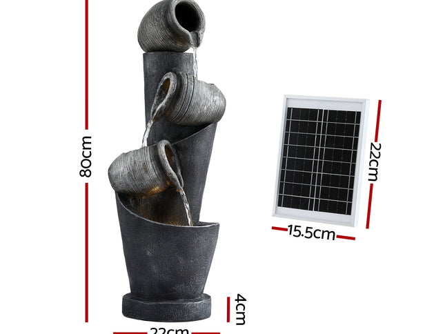 Gardeon Solar Fountain Water Feature Cascading Fountain 3-Tier Pot LED Lights 80CM Grey