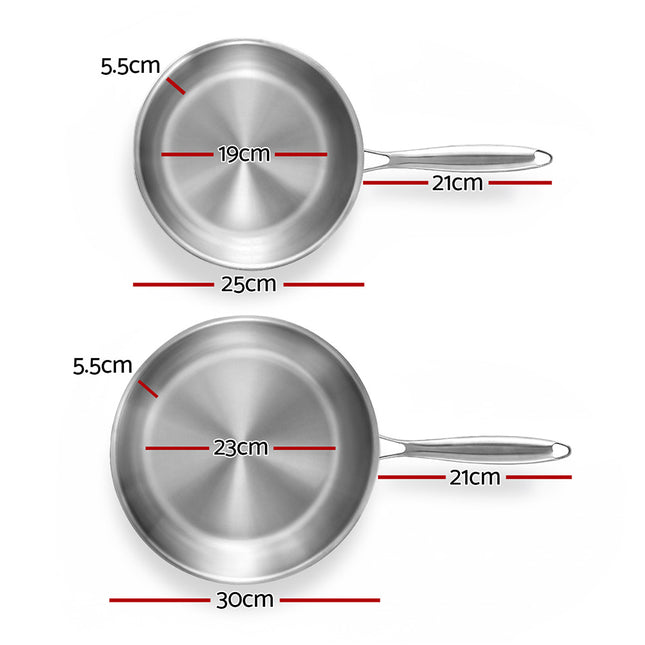 5-star Chef Frying Pan Stainless Steel Uncoated Twin Frypan Set 25/30cm Silver