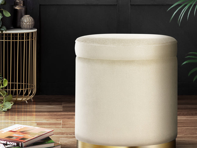 Artiss Ottoman Storage Foot Stool Round Velvet Cream