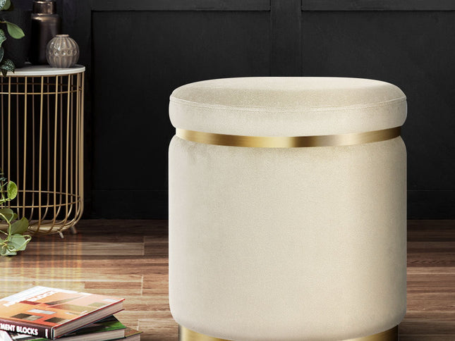 Artiss Ottoman Foot Stool Round Velvet Cream