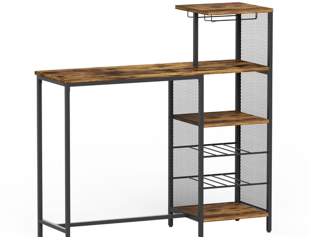 Artiss Industrial Bar Table with Wine Rack Cup Holder Multi-Level Storage 122cm Walnut