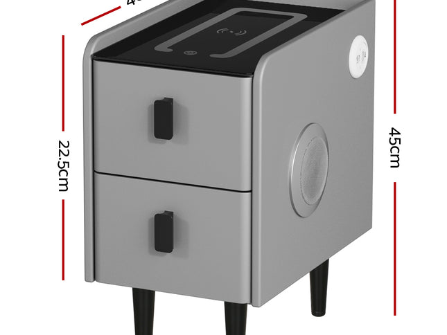 Artiss Smart Bedside Table 2 Drawers with Wireless Charging Ports LED Grey AIDA
