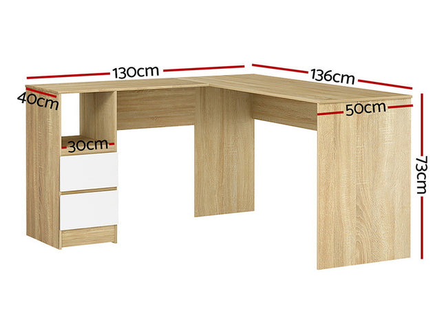 Artiss Computer Desk Drawer Cabinet L-Shape Oak 136CM