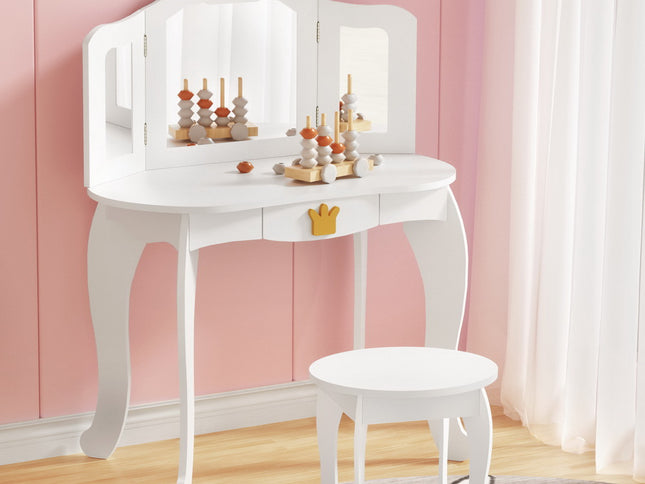 Keezi Kids Dressing Table Vanity Makeup Chair Set Wooden 3 Mirror Drawer White