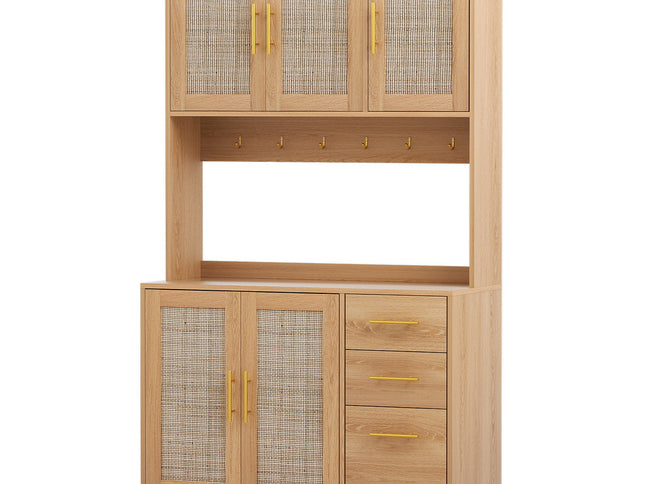 Artiss Buffet Sideboard Hutch Storage Cabinet Kitchen Cupboard Hooks Rattan Pine