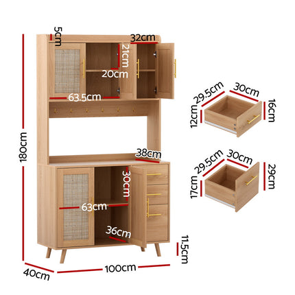 Artiss Buffet Sideboard Hutch Storage Cabinet Kitchen Cupboard Hooks Rattan Pine