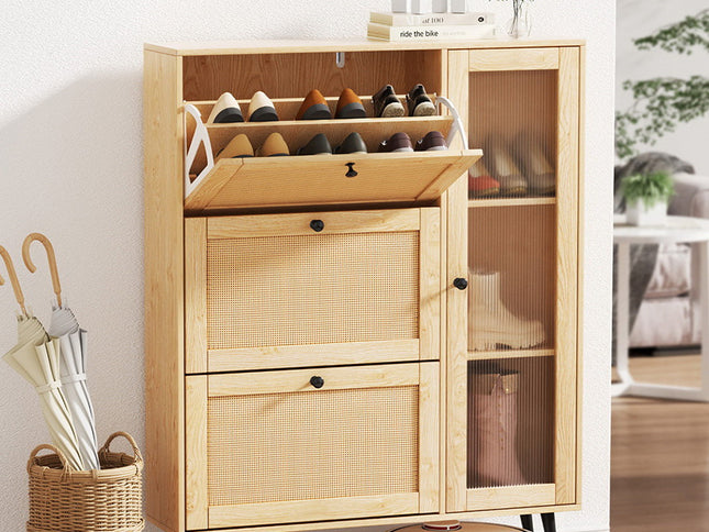 Artiss Shoe Rack Cabinet 3 Flip-out Drawers Pine