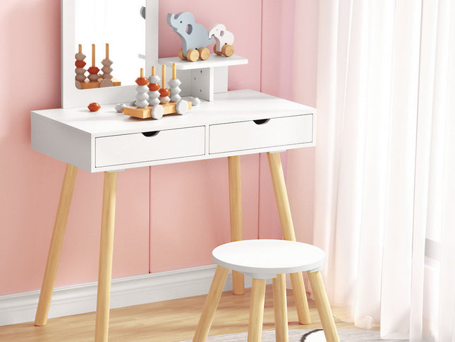 Keezi Kids Dressing Table Vanity Makeup Chair Set with Mirror Drawers Wooden Legs