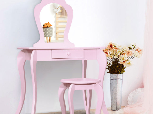 Keezi Kids Dressing Table Stool Set Vanity Mirror Princess Children Makeup Pink