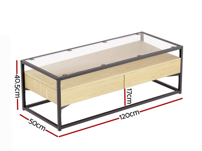 Artiss Coffee Table 2 Drawers Glass Tabletop Pine