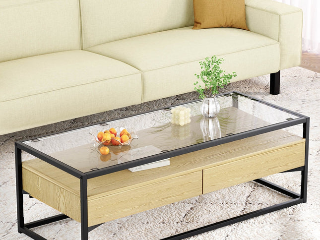 Artiss Coffee Table 2 Drawers Glass Tabletop Pine