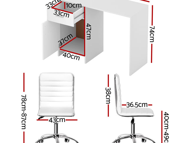 Artiss Computer Desk Office Chair Set PU Leather Home Study Table 100cm White