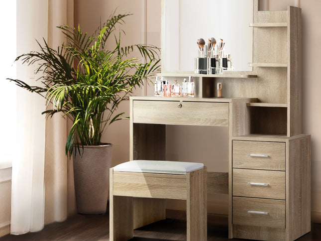 Artiss Dressing Table Stool Set 4 Drawers Oak
