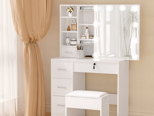 Artiss Dressing Table Set Stool 10 Led Bulbs White Dylan